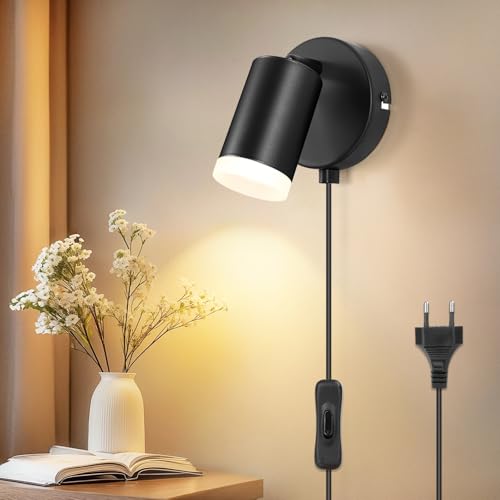 Dehobo Wandleuchte mit Stecker und Schalter - LED Wandlampe Innen GU10 Schwarz Matt Rund Drehbare 350°- Wandleuchte mit Kabel für Schlafzimmer Studie Büro - Ohne Leuchtmittel