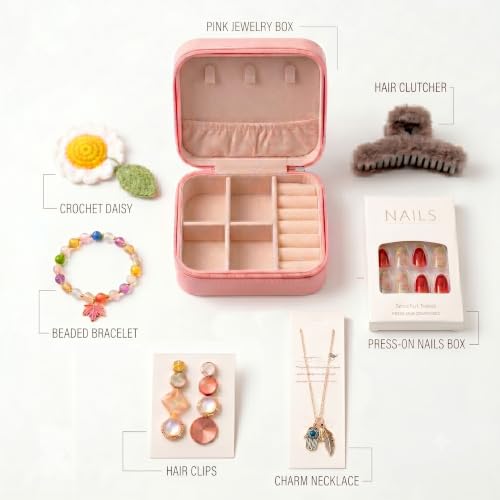 Image of Rakhi Fashion Hamper For Women - Pink PU Leather Travel Jewelry Case Gift Set for Women, Necklace, Hair Claw, Press On Nails, Floral Crochet Keepsake Box for Girlfriend, Sister, Behen, Sis