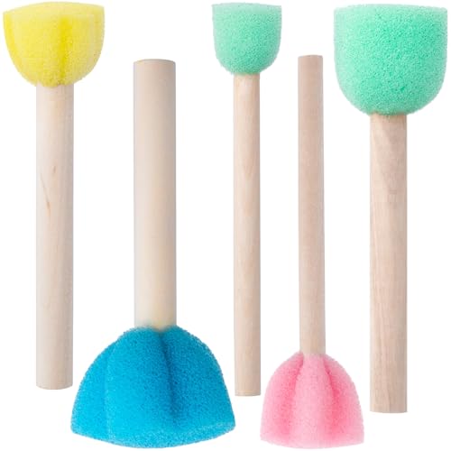 HINZIC 5pcs Round Foam Paint Brushes, Flower-Shaped Sponge Painting Tools with Wood Handle, Sponge Brush for Staining Varnishes DIY Large Area Crafts- 4 Colors