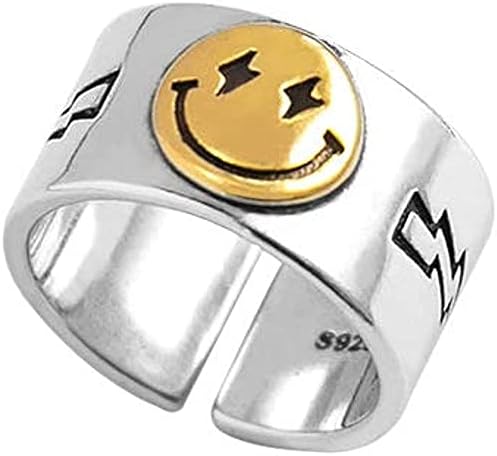 DEEPOW DERTYU Adjustable Smiley Face Ring Silver Stars Lightning Open Rings Band Ring Happy Smiling Rings Golden Jewelry Rings for Women and Girls