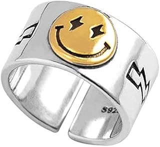 DEEPOW DERTYU Adjustable Smiley Face Ring Silver Stars Lightning Open Rings Band Ring Happy Smiling Rings Golden Jewelry Rings for Women and Girls