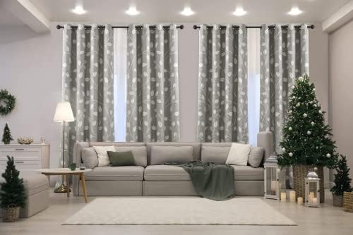 WEST LAKE Gray and White Leaf Jacquard Curtain 2 Panels Heavy Linen Textured Semi Sheer with Branches Pattern Eyelets Window Treatment for Living Room/Bedroom, 50"x 72"x 2