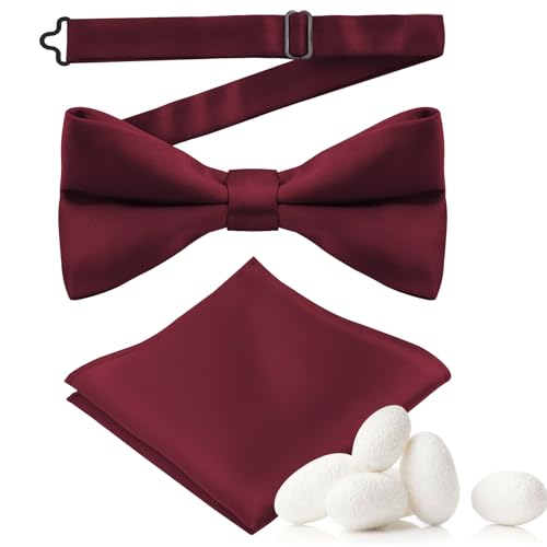 MANSPHIL Burgundy Silk Bow Ties and Pocket Squares for Men, Pre Tied Bowtie Set for Formal Tuxedo Wedding Event Party