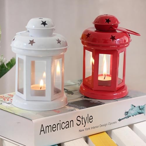 Image of Mini Metal Tea Light Lantern Set of 1 Candle Holder Home Decor | Perfect for Living Room, Bedroom, Pooja Space, Festive Decor, Weddings, Housewarming & Gifting Ideal for Diwali, Wedding - White & Red