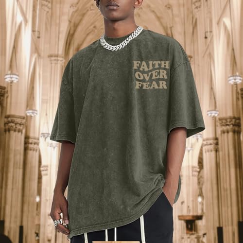Image of Christian Shirts for Men Faith Over Fear Oversized Shirt Acid Wash Tshirt Graphic Religious T Shirt Bible Verse Tees