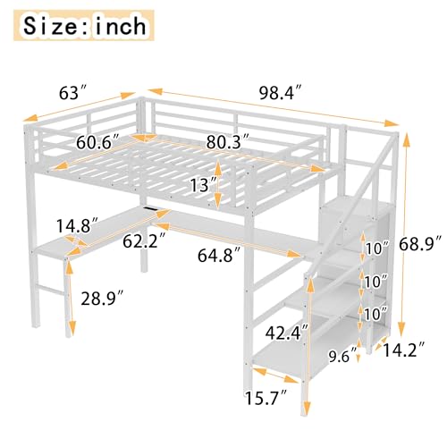 Image of Bellemave Queen Size Loft Bed with Desk and Wardrobe Storage Stairs and Wardrobe, LED USB, Loft Bed Full Size for Teens Metal, White
