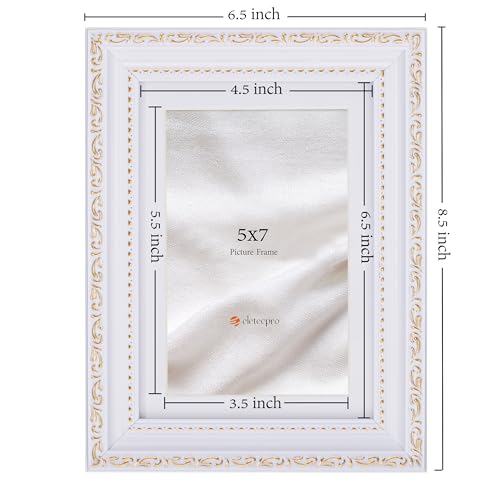 Image of eletecpro 5x7 Vintage Picture Frame, Glass Cover, White, 2-Pack | Display Photo 4x6 with Mat or 5x7 without, Horizontal or Vertical, Tabletop or Wall Decor