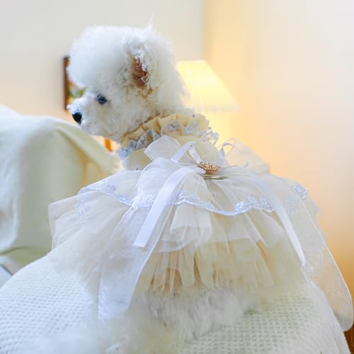 Image of HDKUW Small Dog Dress, Girl Puppy Lace Princess Skirt Tutu Dress with Bowknot,Chihuahua Yorkie Clothes Outfit for Birthday Wedding Party Beige Daisy XS