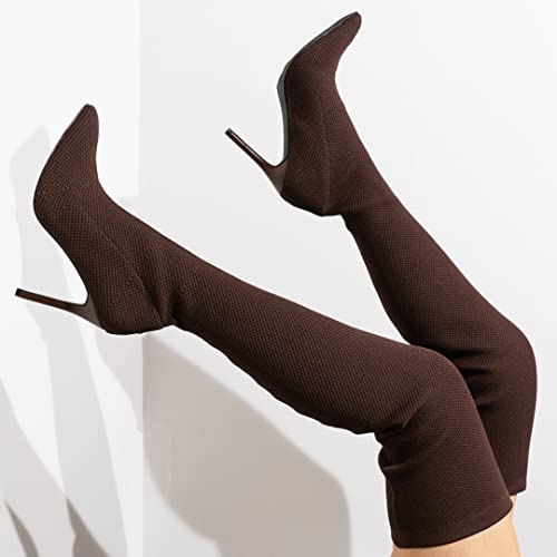Cape Robbin Geina Over The Knee Boots With Stiletto Heels, Pointed Toe Sock Boots For Women - Brown Size 9 #TOP2