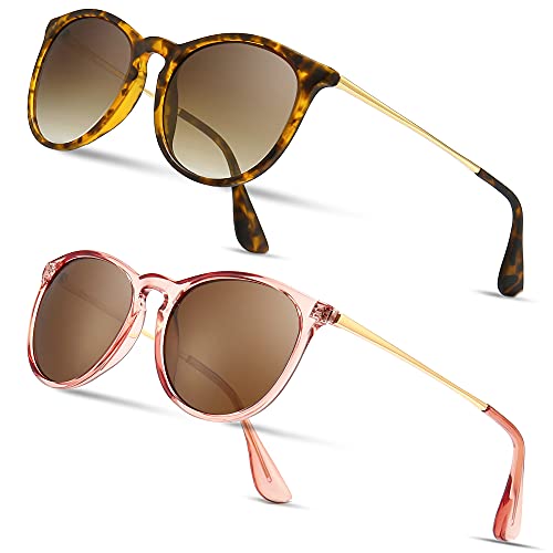 SUNGAIT Okrągłe damskie okulary przeciwsłoneczne w stylu vintage, klasyczne, retro, designerskie, polaryzacyjne, 2 sztuki, 2-pak (spolaryzowany): bursztyn (matowe wykończenie)/brązowy gradient +