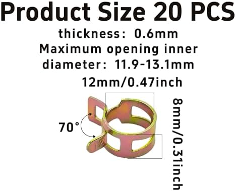 1.3cm(1/2인치) 스프링 밴드 타입 연료 호스 클램프 20개, 12mm 실리콘 진공 호스 파이프 클램프 패스너, 수도관 에어 튜브 클램프, 11.9-13.1mm OD 호스에 적합 — 사진 2