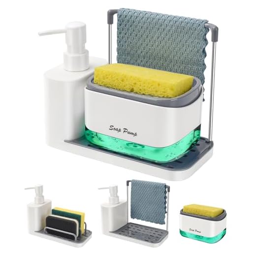 Hand and Dish Soap Dispenser Set with Tray, Dual Soap Dispenser with Sponge Holder and Dishcloth Holder 5-in-1 Organizer for Kitchen Sink Countertop Storage Organize - Useful Kitchen Gadgets (White)