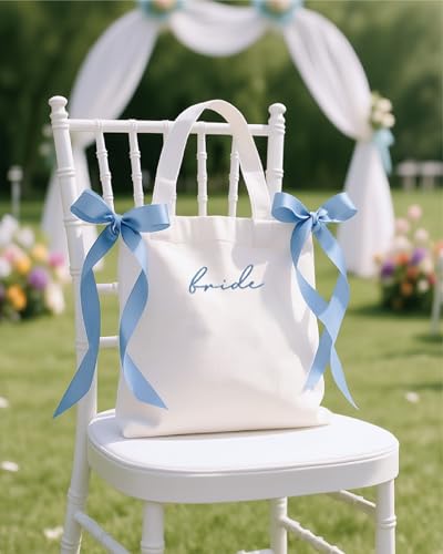 Bolsa tote de lienzo con lazo azul para novia miniatura 6