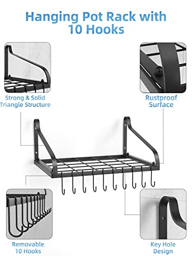 Pots and Pans Organizer - MUDEELA Hanging Pot Rack with 10 Hooks Wall Mounted Pot Pan Rack, Kitchen Wall Shelves for Cookware, 2 DIY Methods, Ideal for Pots Set, Utensils, Cookware - Thumbnail 3
