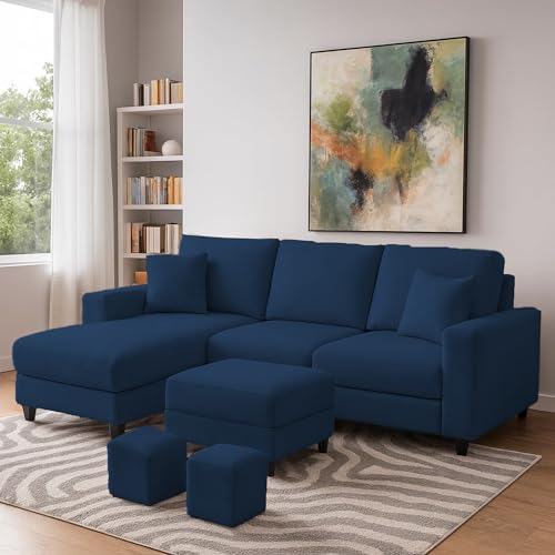 Image of Casaliving Rolando Seater L Shape Sofa Set for Living Room Left Side (Blue, 4 Seater with Ottomon - LHS)