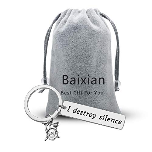 Baixian Funny Drummer Gift for Women Men Drummer Keychain I Destroy Silence Keyring Percussion Drum Kit Gifts Musician Keychain Percussion Jewelry Drum Player Band Gifts, Silver, Small