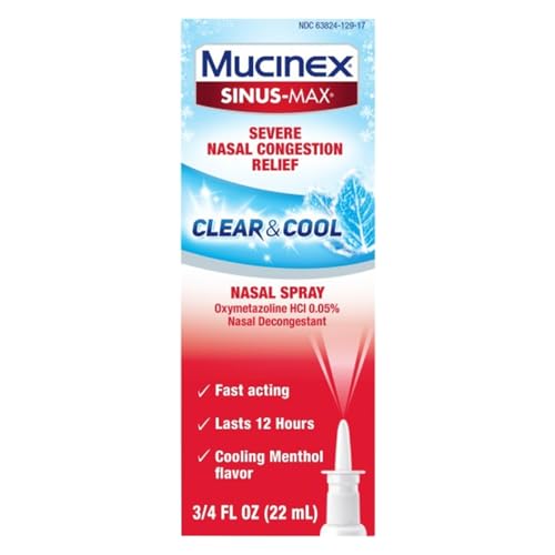 Mucinex Sinus-Max Nasal Spray Decongestant, 12 Hour Over-The-Counter Medication Nose Spray for Sinus Relief, Nasal Decongestants For Adults & Sinus Congestion, Clear & Cool 3/4 Fl Oz( 22ML)