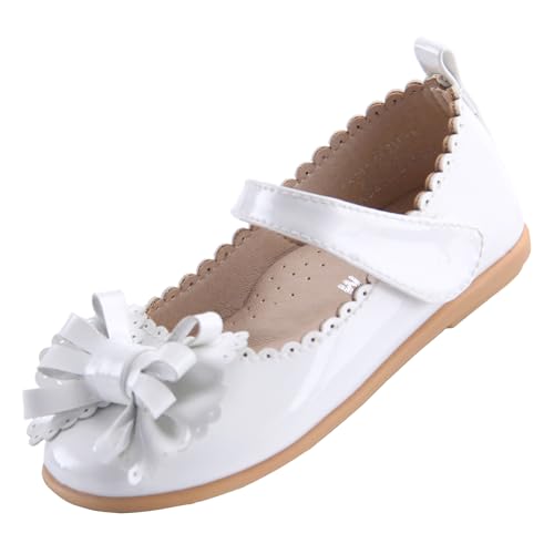 EIGHT KM Toddler Girls Dress Shoes Mary Jane Princess Wedding Ballet Flats Shoes EKM7063 Patent Leather Bow White UK Size 10