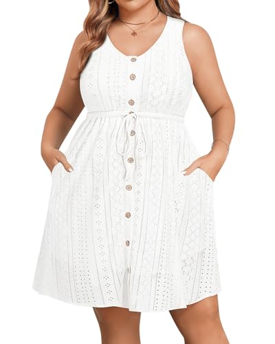 Plus Size Summer Dresses White Sundress Casual Eyelet Sleeveless Tank