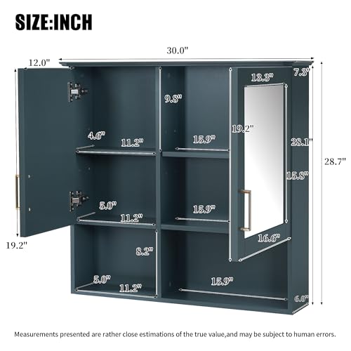 Botiquín de baño empotrado en pared Marzzi con espejo y espacio abierto | Botiquín organizador para baño sobre inodoro de 30" x 28", con puerta espejada, estantes ajustables y almacenamiento miniatura 2