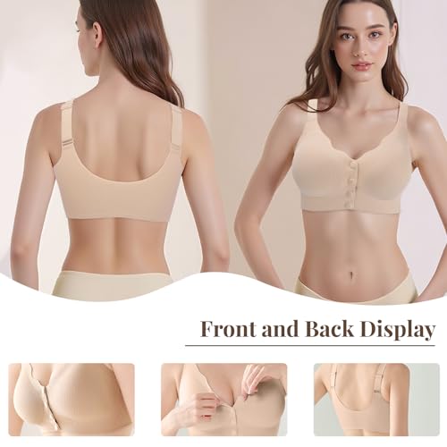 LEHEEYWT Front Fastening Bra, Non Wired Support Comfort Bras for Women UK, Wireless Soft Post Surgery Sports Bra Bralettes for Women The Elderly Ladies (XXL, Milk Coffee) - Image 2