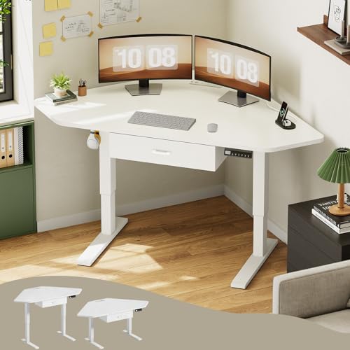 SEDETA Corner Standing Desk 32 Small Height Adjustable Electric Computer Desk with Drawer for Gaming Small Space Stand up Home Office Study Writing Desk White