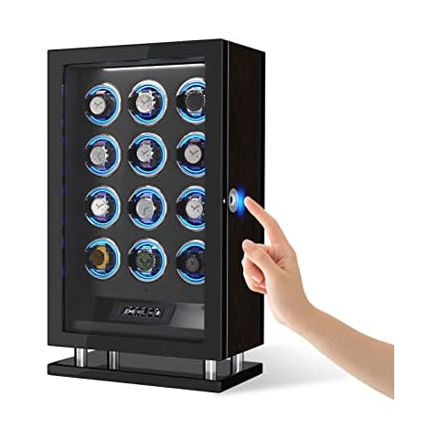 DUKWIN Fingerprint Lock Watch Winder, Automatic Large Watch Box for 12 Watches with Digital Display, RGB Changing LED Light, and Adjustable Watch Pillows for Universal Watches Cover