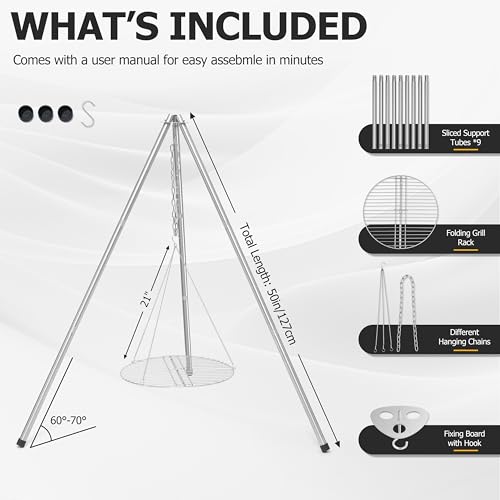 Image of HaSteeL Stainless Steel Campfire Tripod Grill for Camping Cooking Barbecue | 17 inch Folding Grate for 2-4 People, Adjustable Height, Openfire Stand Hanger for Outdoors Beach Firepit BBQ, Easy to Assemble