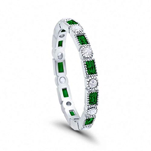 Blue Apple Co. 3Mm Art Deco Full Eternity Wedding Band Baguette Simulated Emerald Round Cubic Zirconia 925 Sterling Silver, Size-7 #TOP2