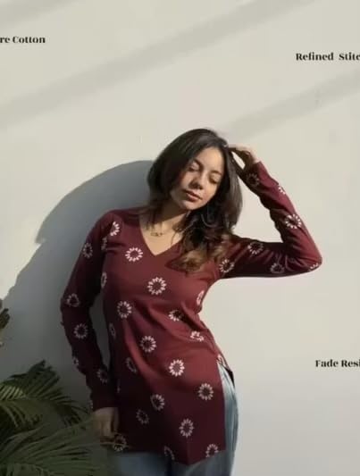 Image of FELISIA Women's Rayon Floral Printed Full Sleeves V-Neck Short Kurti, Bell Sleeves, Short Kurti for Woman, Stylish Ethnic Top, Daily Casual Western & Office wear