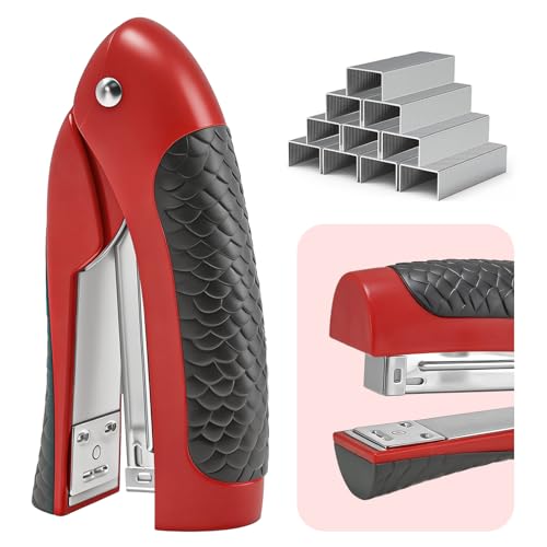 Stand-Up Stapler with 1000 Standard 1/4 Staples, Handheld Ergonomic Soft Grip Vertical Flat-Use Desktop Small Compact Stapler for Office, Home, School, Business & Classroom Supplies – Red