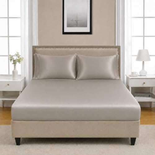 Image of RD TREND Microfiber Satin Weave Fitted Bedsheet King Size 78x72x10 Inch, Elastic Bedsheets for King Size Bed with 2 Pillow Covers-18x28 Inch (Silver)