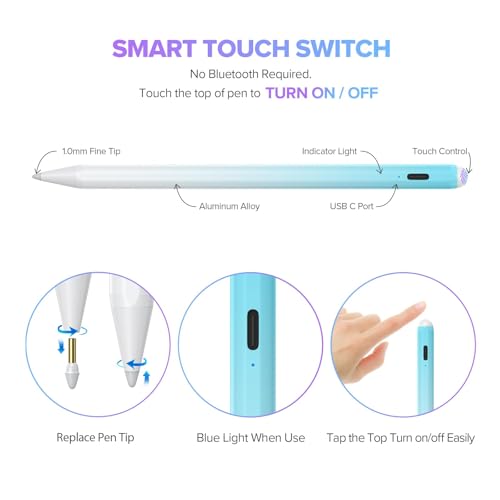 Image of JAMJAKE Stylus Pen for iPad 11th&10th Generation - 2X Fast Charge Active Pencil Compatible with 2018-2025 Apple iPad Pro 11 inch /12.9 inch /M4, iPad Air 3 /4 /5 /M2 /M3, iPad 6-11, iPad mini 5 /6 Gen - White Blue