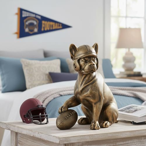 Image of Dog Statue Bulldog Football Player Dog Sculpture Home Decor for Shelves Office Living Room Bedroom Mantle TV Stand Gifts for Dog Football Lovers