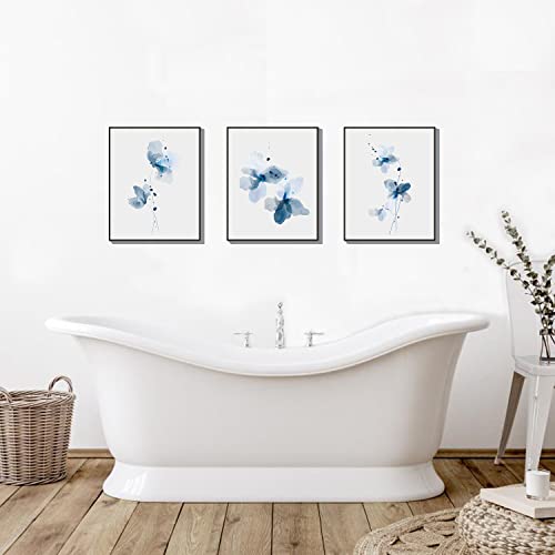 Asmaart Watercolor Light Blue Flower Wall Art Prints, Navy Botanical Plant Canvas Paintings, Floral Aesthetic Poster Pictures For Bedroom Bathroom Home Room Decor Set Of 3 Unframed (8X10) #TOP6