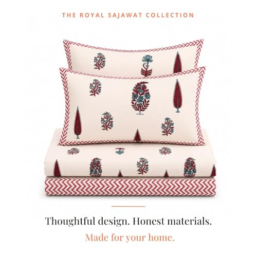 Image of Naksh Bedsheet for Double Bed King Size Floral Print 2 Pillow Covers | Royal Crimson Botanical Bedsheet | Soft Breathable Heritage Floral Bedding Set | Royal Sajawat Collection |
