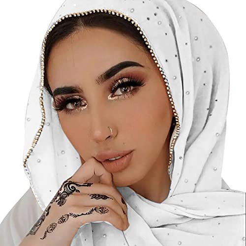 ANKOMINA Women Soft Chiffon Rhinestone Long Scarf Shawl Fashion Muslim Hijab Head Wrap Scarves, White, One size