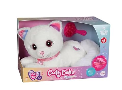 Gipsy Toys - Cuty Bella Fashionistka - Interaktywny pluszowy kot Bella Fashionistka - Cudowna słodka, która rozświetla się w rytmie ładnych melodii - 30 cm - Biały Różowy - Wersja francuska
