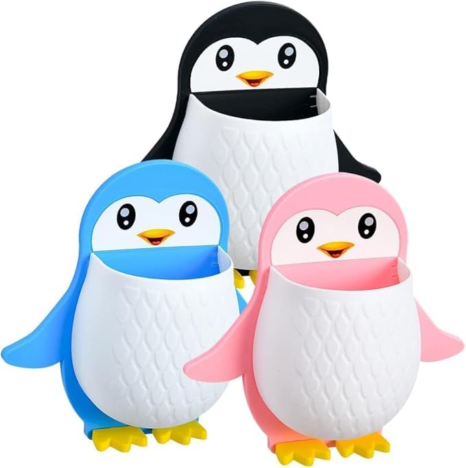 OFFERZONE Toothbrush Holder, Plastic Wall Mounted Penguin Shape Storage Organizer for Bathroom with Self Adhesive Stick Multipurpose Wall Shelves