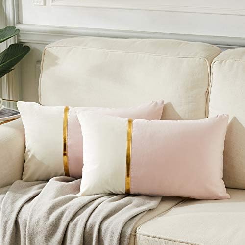 Fancy Homi 2 Packs Decorative Throw Pillow Covers 12x20 Inch for Living Room Couch Bed, Blush Pink and White Velvet Patchwork with Gold Leather, Luxury Modern Home Decor, Lumbar Cushion Case 30x50 cm