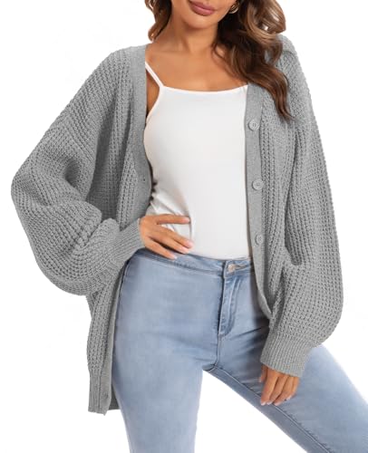 Image of QUALFORT Women's Oversized 100% Cotton Cardigan Sweater | Long Sleeve V Neck Button Down Open Front Knit Outerwear