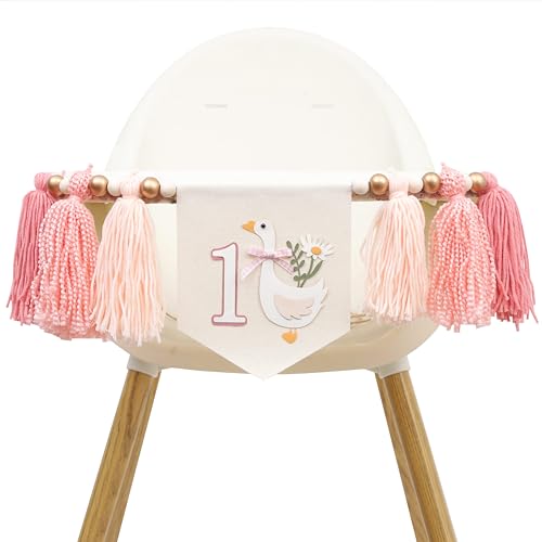 Goose 1st Birthday High Chair Banner - One Silly Goose Decorations, Flower Lawn Party Photo Props, Silly Goose Pink Tassel Garland, Princess Goose Smash Cake Highchair Garland (Pink Goose Birthday