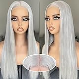 BLL Silver Wig, Glueless Synthetic Grey Wigs Pre Plucked Pre Cut 6x4.5 Lace Front Straight Wig for Beginners Easy to Wear Put on and Go Wigs for Women Suitable For Daily Party Wear 26inch