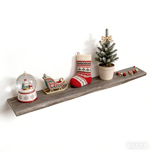 Floating Shelves for Wall, 55\"x9.3\" Rustic Solid Live-Edge Elm Wood Wall Shelves, Heavy-Duty Floating Shelves with Invisible Brackets, Set of 2 for Living Room, Bedroom, and Kitchen, Grey Finish
