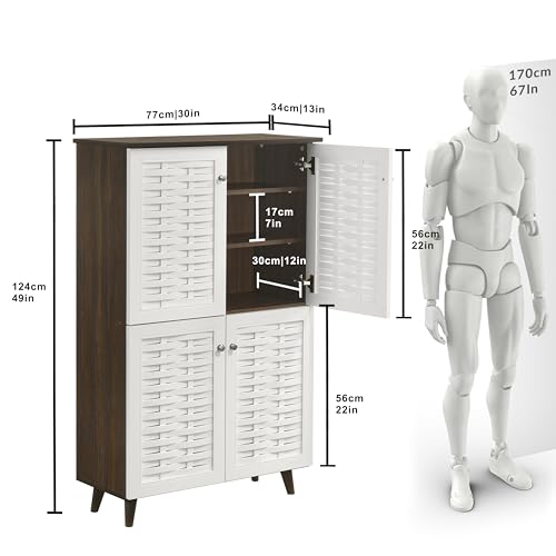 Image of DeckUp Plank Bei 4-Door Engineered Wood Shoe Rack with Wooden Legs (Walnut and White, Matte Finish)