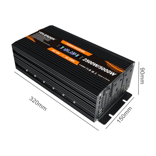 Yinleader Power Inverter 2500W /5000W DC 12V to 240V AC with LCD Display Power Converter with 2 UK Sockets & 2 USB Ports for Car Camping RV Household Truck