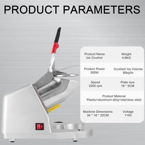 Electric Ice Shaver 4 Blades Ice Crusher Shaver 209lbs/hr Stainless Steel Ice Shaver Machine 300W Ice Crushers for Home Use 2200 RPM Ice Shaving Machine Commercial and Domestic Silver (FYZ-278-1)