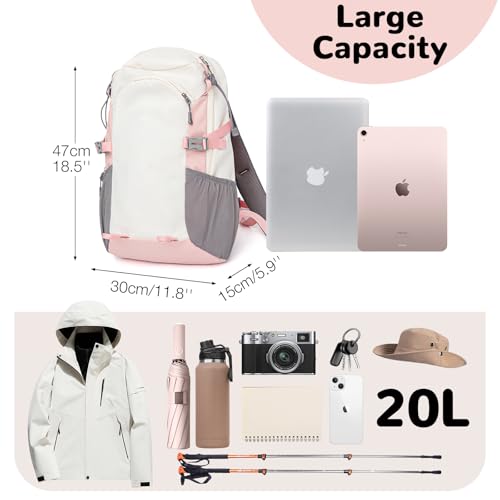 Small Hiking Backpack Lightweight, 20L Waterproof Outdoor Hiking Daypack with Padded Shoulder Strap & Back Support, (White+pink)3