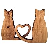 KamoHome Handgefertigte Katzenfiguren aus massiver Eiche mit Schwanz | Herzförmige Katzenfigur mit Schwanz | Tisch- und Regaldekoration (mit Leinöl beschichtet)