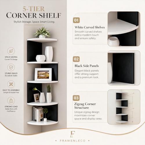 FRAWENLECO No-Drill Corner Shelf Wall Mount, 5-Tier Floating Corner Bookshelf with Hooks, Space-Saving Zigzag Plant Shelf for Bedroom, Living Room, Bathroom, Home Office(White & Black) — view 4
